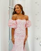 Mermaid Strapless Tulle Floral Prom Dresses With Puff Sleeve
