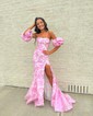 Mermaid Strapless Tulle Floral Prom Dresses With Puff Sleeve