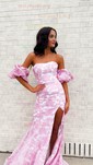 Mermaid Strapless Tulle Floral Prom Dresses With Puff Sleeve