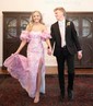 Mermaid Strapless Tulle Floral Prom Dresses With Puff Sleeve