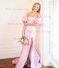 Mermaid Strapless Tulle Floral Prom Dresses With Puff Sleeve