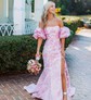 Mermaid Strapless Tulle Floral Prom Dresses With Puff Sleeve