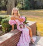 Mermaid Strapless Tulle Floral Prom Dresses With Puff Sleeve