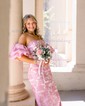 Mermaid Strapless Tulle Floral Prom Dresses With Puff Sleeve