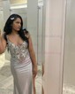 Sheath/Column V-neck Satin Corset Prom Dresses With Appliques