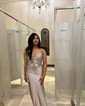 Sheath/Column V-neck Satin Corset Prom Dresses With Appliques