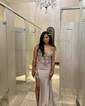 Sheath/Column V-neck Satin Corset Prom Dresses With Appliques