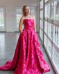 Ball Gown Strapless Satin Floral Prom Dresses With Ruched
