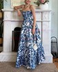 Ball Gown Strapless Satin Floral Prom Dresses With Ruched
