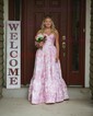 Ball Gown Strapless Satin Floral Prom Dresses With Ruched
