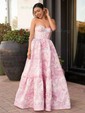 Ball Gown Strapless Satin Floral Prom Dresses With Ruched