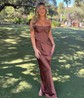 Corset Chocolate Satin Sheath/Column Cowl Neck Party Dresses