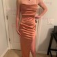 Sheath/Column Cowl Neck Satin Floor-length Formal Dresses With Split Front