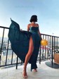 A-line Cowl Neck Satin Floor-length Split Front Formal Dresses