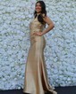Sheath/Column Strapless Satin Prom Dresses With Ruched
