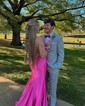 Mermaid Scoop Neck Satin Prom Dresses With Ruched