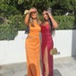 Sheath/Column Cowl Neck Tea-length Satin Prom Dresses