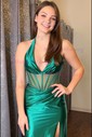 Sheath/Column Halter Satin Corset Prom Dresses With Ruched