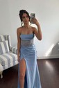 Sheath/Column Cowl Neck Jersey Corset Prom Dresses With Beading