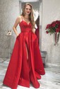 Ball Gown V-neck Satin Prom Dresses With Floor-length