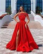 Red A-line One Shoulder Satin Prom Dresses With Split