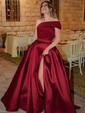 Red A-line One Shoulder Satin Prom Dresses With Split