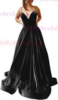 Black Ball Gown V-neck Velvet Prom Dresses With Ruched