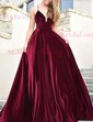 Black Ball Gown V-neck Velvet Prom Dresses With Ruched