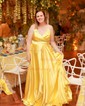 A-line V-neck Floor-length Satin Prom Dresses With Ruched