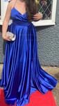 A-line V-neck Floor-length Satin Prom Dresses With Ruched