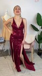 Sheath/Column V-neck Backless Sparkly Sequin Prom Dresses