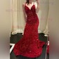 Mermaid V-neck Sparkly Velvet Sequin Backless Prom Dresses