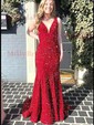 Mermaid V-neck Backless Sparkly Velvet Sequin Prom Dresses
