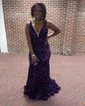 Mermaid V-neck Backless Sparkly Velvet Sequin Prom Dresses