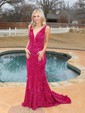 Mermaid V-neck Backless Sparkly Velvet Sequin Prom Dresses