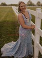 Mermaid V-neck Backless Sparkly Velvet Sequin Prom Dresses