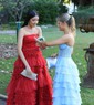 Ball Gown Strapless Chiffon Ruffle Tiered Prom Dresses With Appliques