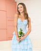 Ball Gown Strapless Chiffon Ruffle Tiered Prom Dresses With Appliques