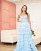 Ball Gown Strapless Chiffon Ruffle Tiered Prom Dresses With Appliques