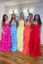 Ball Gown Strapless Chiffon Tiered Prom Dresses
