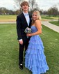 Ball Gown Strapless Satin Chiffon Ruffle Tiered Prom Dresses
