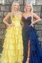 Ball Gown Strapless Satin Chiffon Ruffle Tiered Prom Dresses