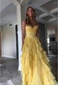 Ball Gown Strapless Satin Chiffon Ruffle Tiered Prom Dresses