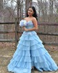 Ball Gown Strapless Satin Chiffon Ruffle Tiered Prom Dresses