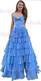 Ball Gown Strapless Satin Chiffon Ruffle Tiered Prom Dresses