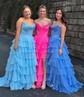 Ball Gown Strapless Satin Chiffon Ruffle Tiered Prom Dresses