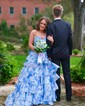 Ball Gown Strapless Satin Chiffon Floral Tiered Prom Dresses