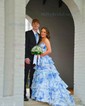Ball Gown Strapless Satin Chiffon Floral Tiered Prom Dresses