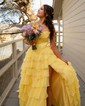 Princess Strapless Chiffon Tiered Prom Dresses With Appliques