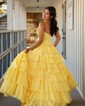 Princess Strapless Chiffon Tiered Prom Dresses With Appliques